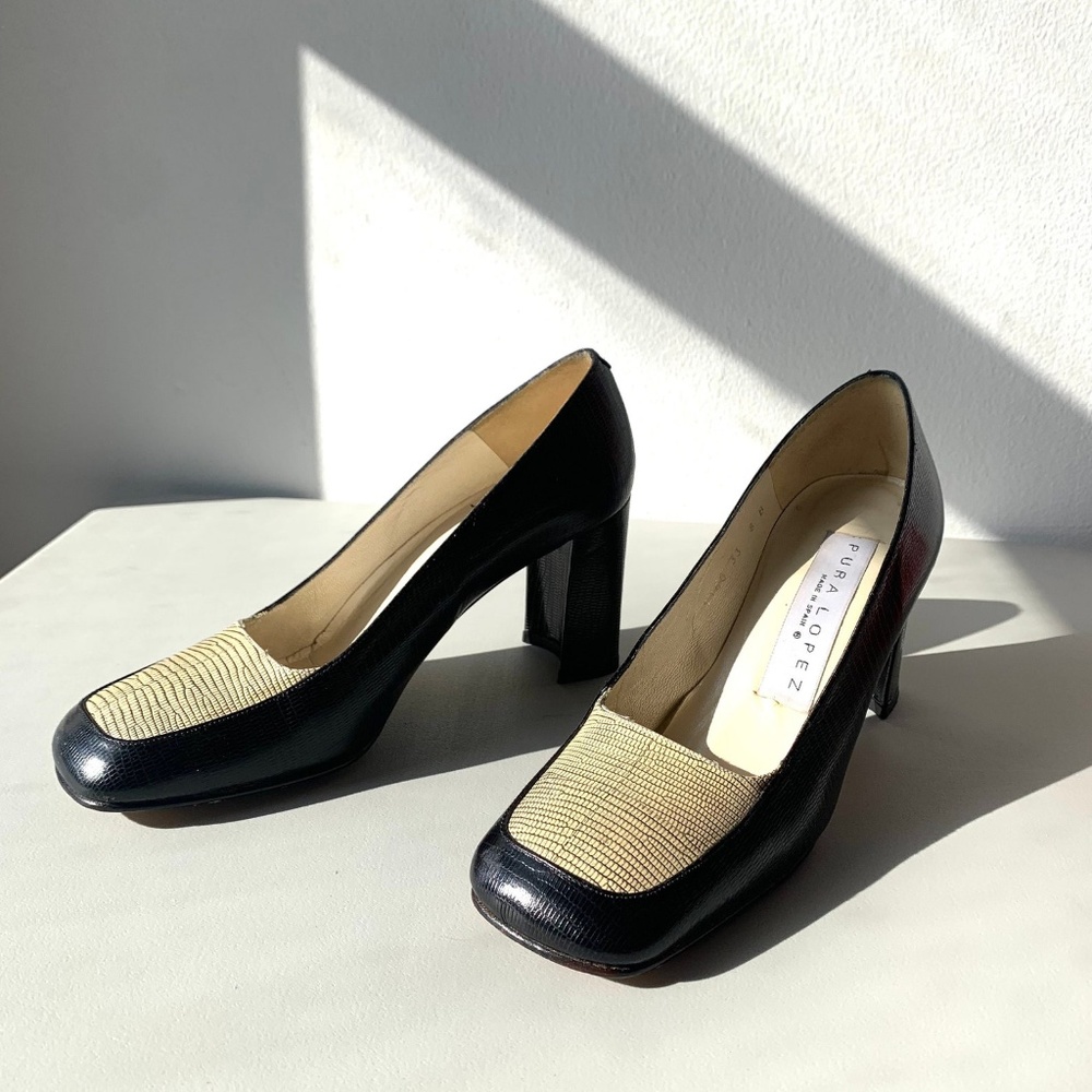 Vintage 80s Designer Pura Lopez Pumps, Spanish Square Toe Faux Reptile Heel, 7.5